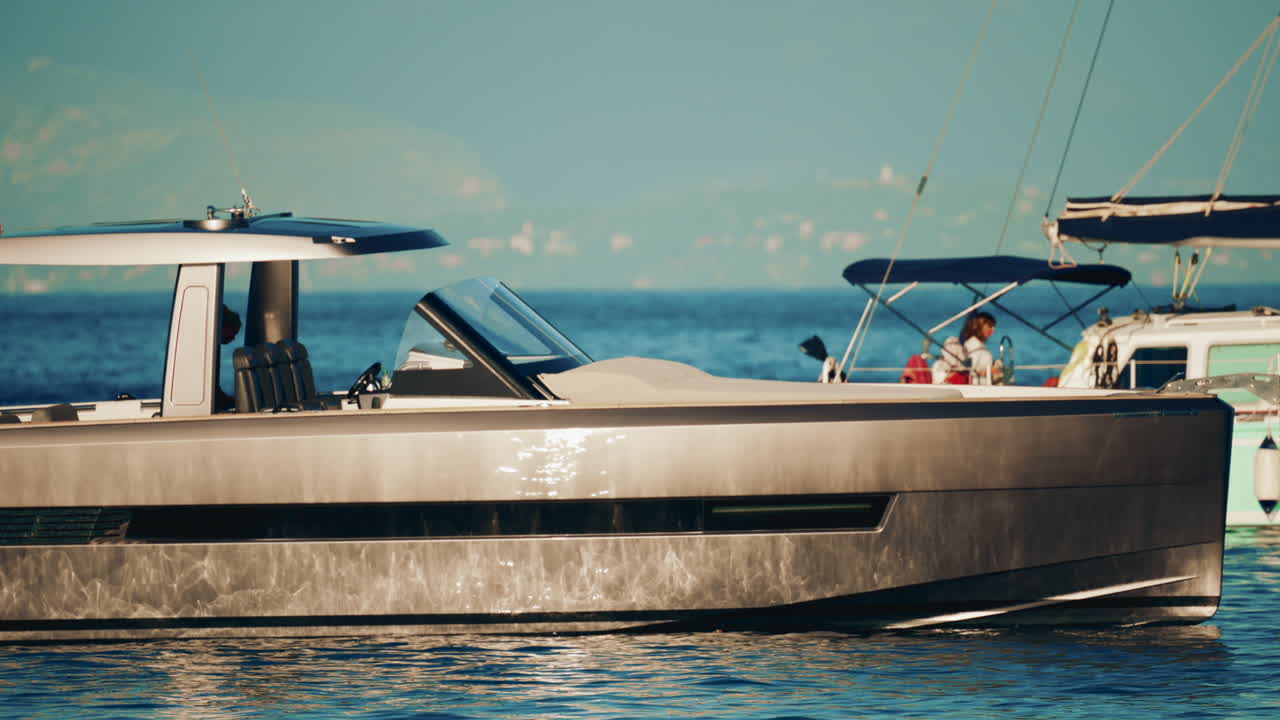 Side view of a sleek metallic yacht reflecting sunlight on calm blue water