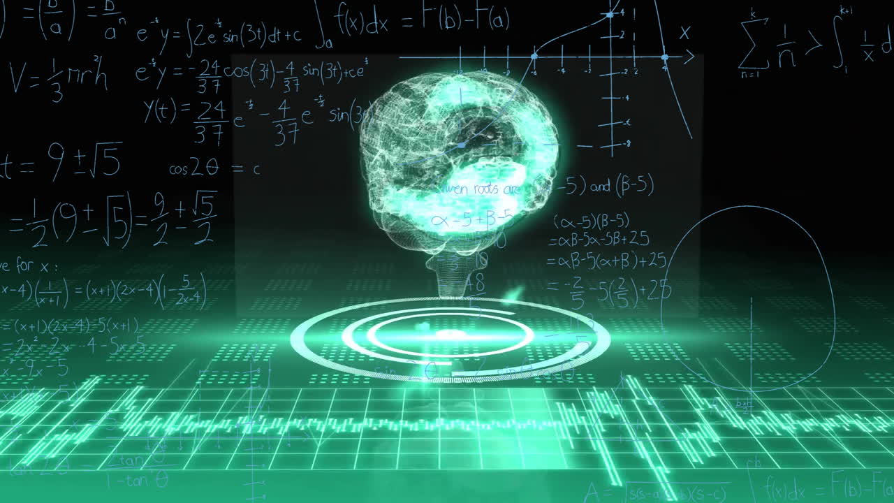 Animation of digital brain with mathematical formulas on green futuristic interface