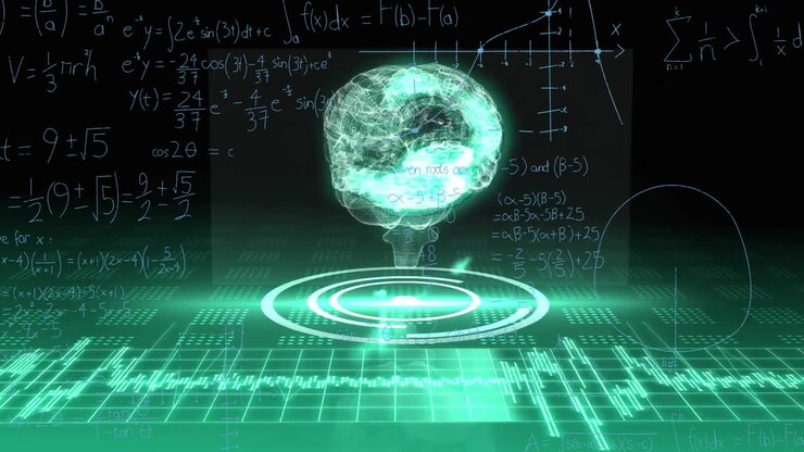 Animation of digital brain with mathematical formulas on green futuristic interface