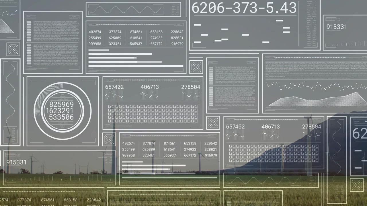 Superposition de tableau de bord recevant des données de télémétrie, mettant à jour des jauges et des graphiques, surveillant la production des éoliennes.