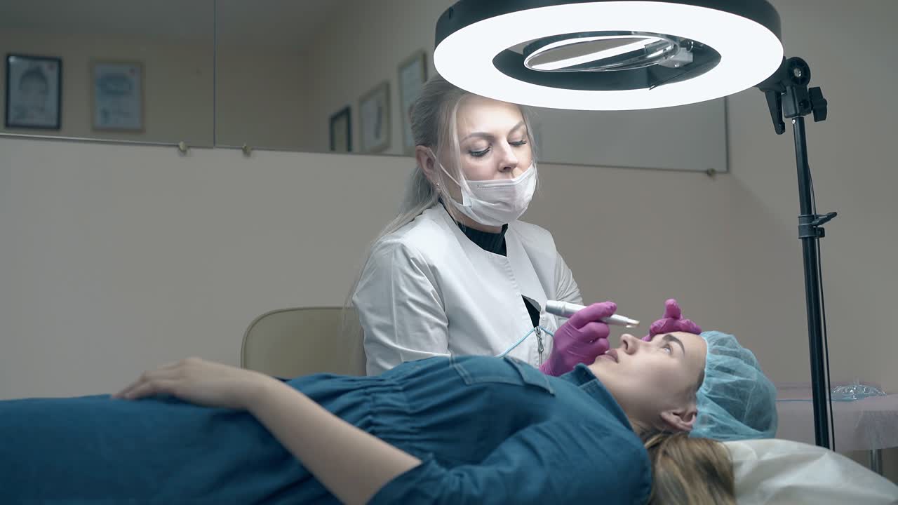 el especialista en salones de belleza aplica maquillaje permanente en la cara