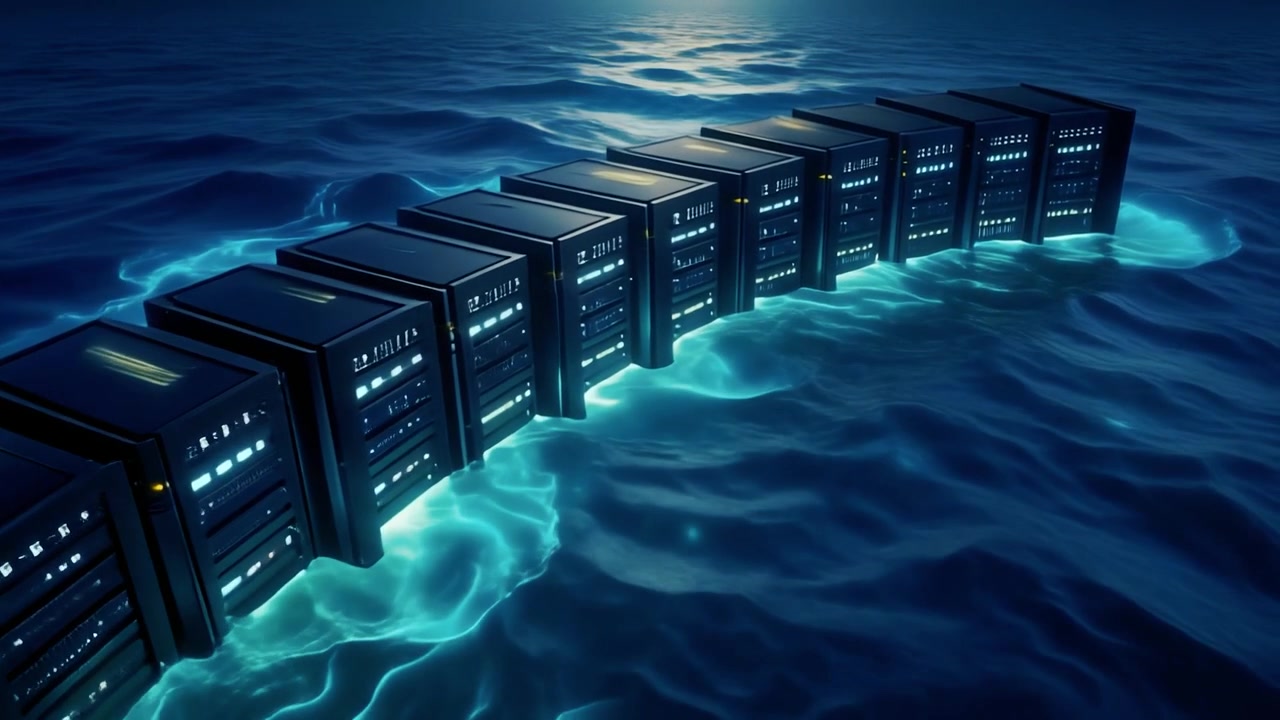 Row of Server Racks Floating on Glowing Dark Ocean Water