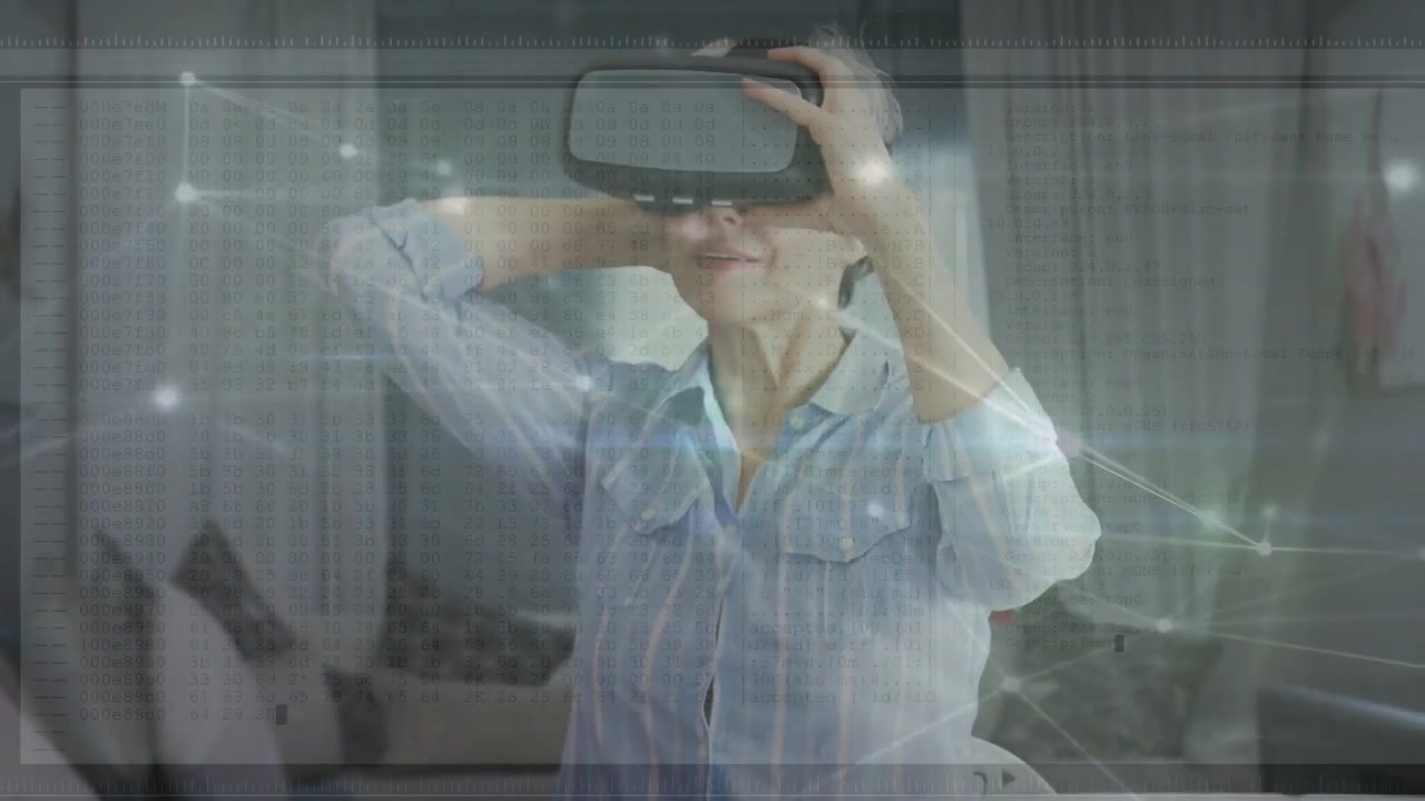 Moden kvinde løfter og justerer VR-headset, mens netværksoverlejring lyser op for at signalere aktivering