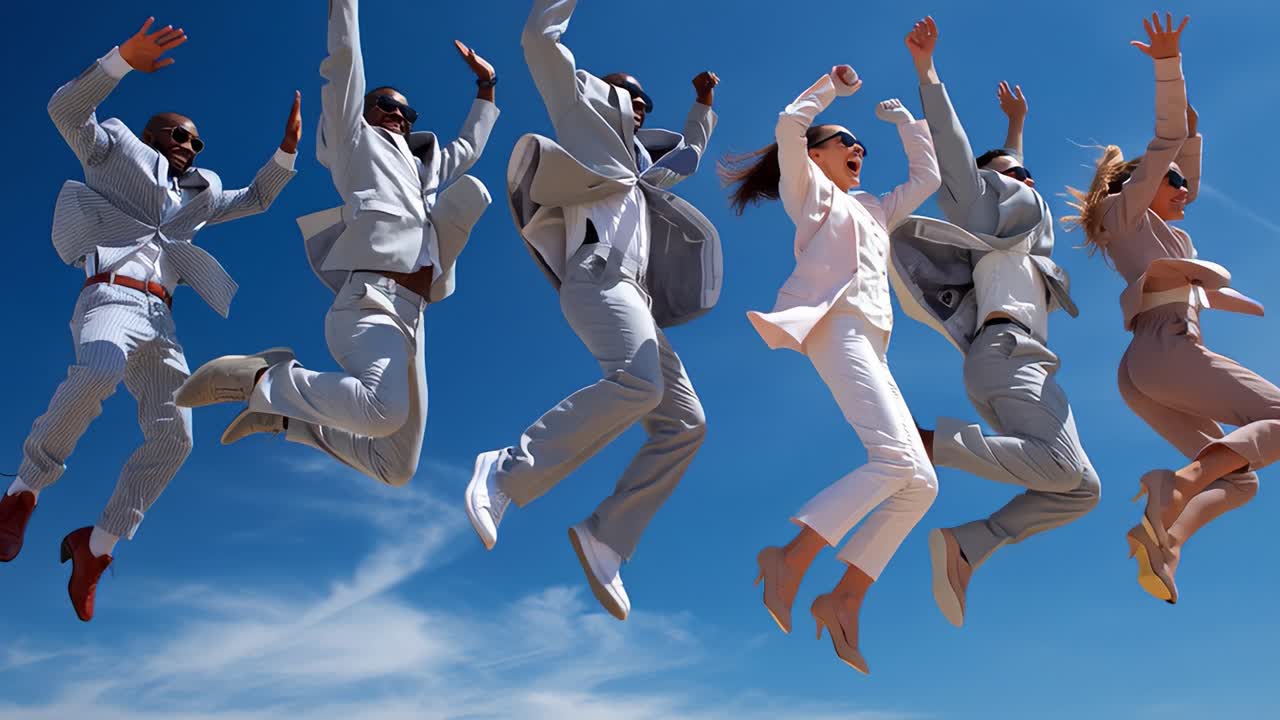 Dynamic Group of Stylishly Dressed Individuals in Suits Executing a Coordinated Jump Against a Bright Sky, Capturing the Essence of Joyful Celebration and Active Movement