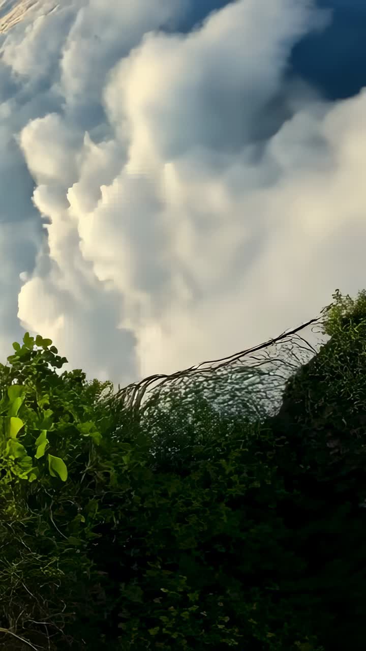 Vertical video: Panning camera revealing sea of clouds filling valley below cliff rim, sunlit tops