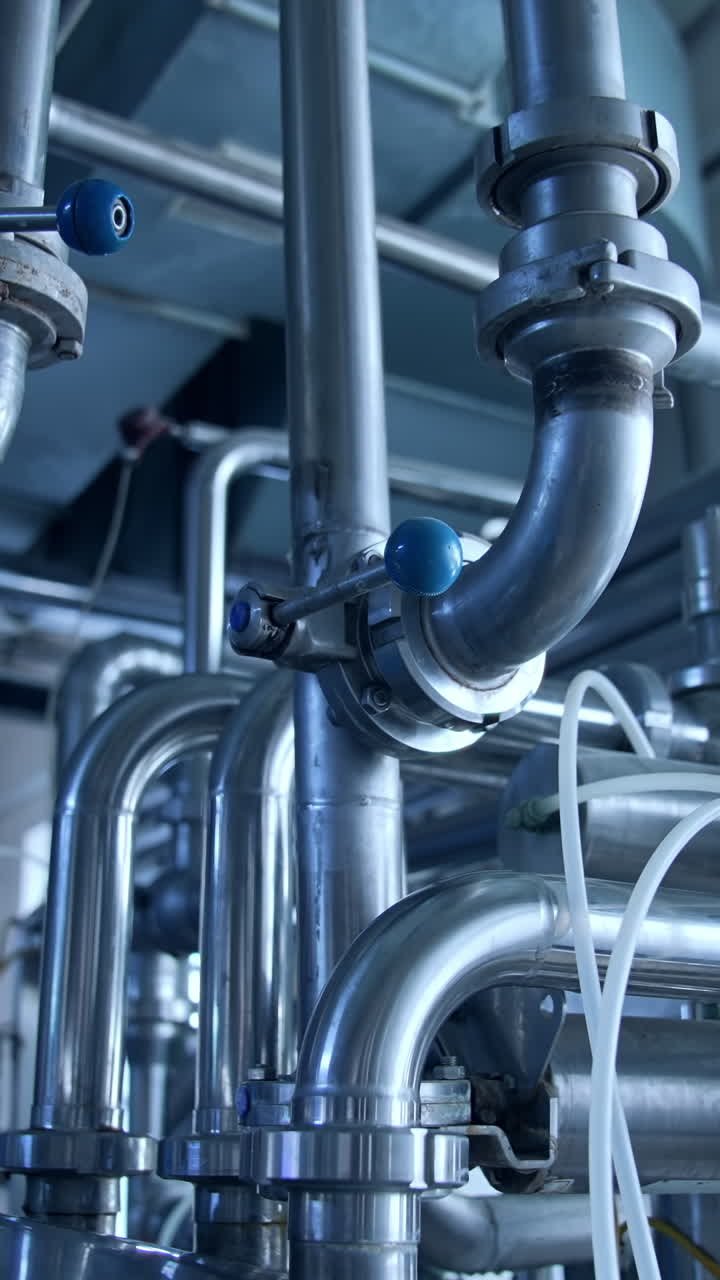 Bended pipes with sluices and faucets. Stainless steel pipe constructions at the dairy manufacturing plant. Silver pipes shining at the light from a window. Vertical video