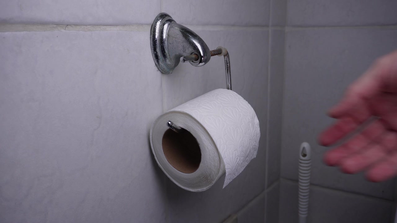 A hand comes into frame and takes a toilet paper roll from a metal holder on the bathroom wall and goes back out of frame.