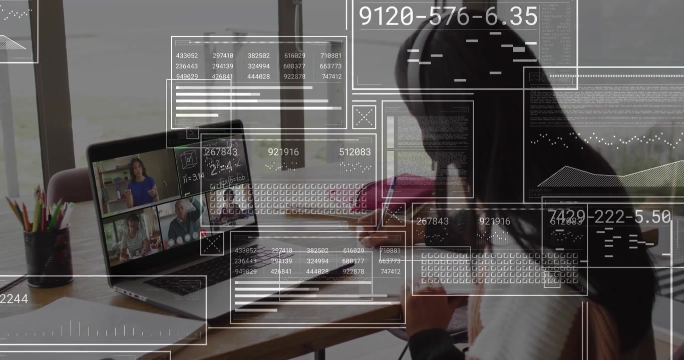 Student Participating in Online Video Class with Digital Data Overlays