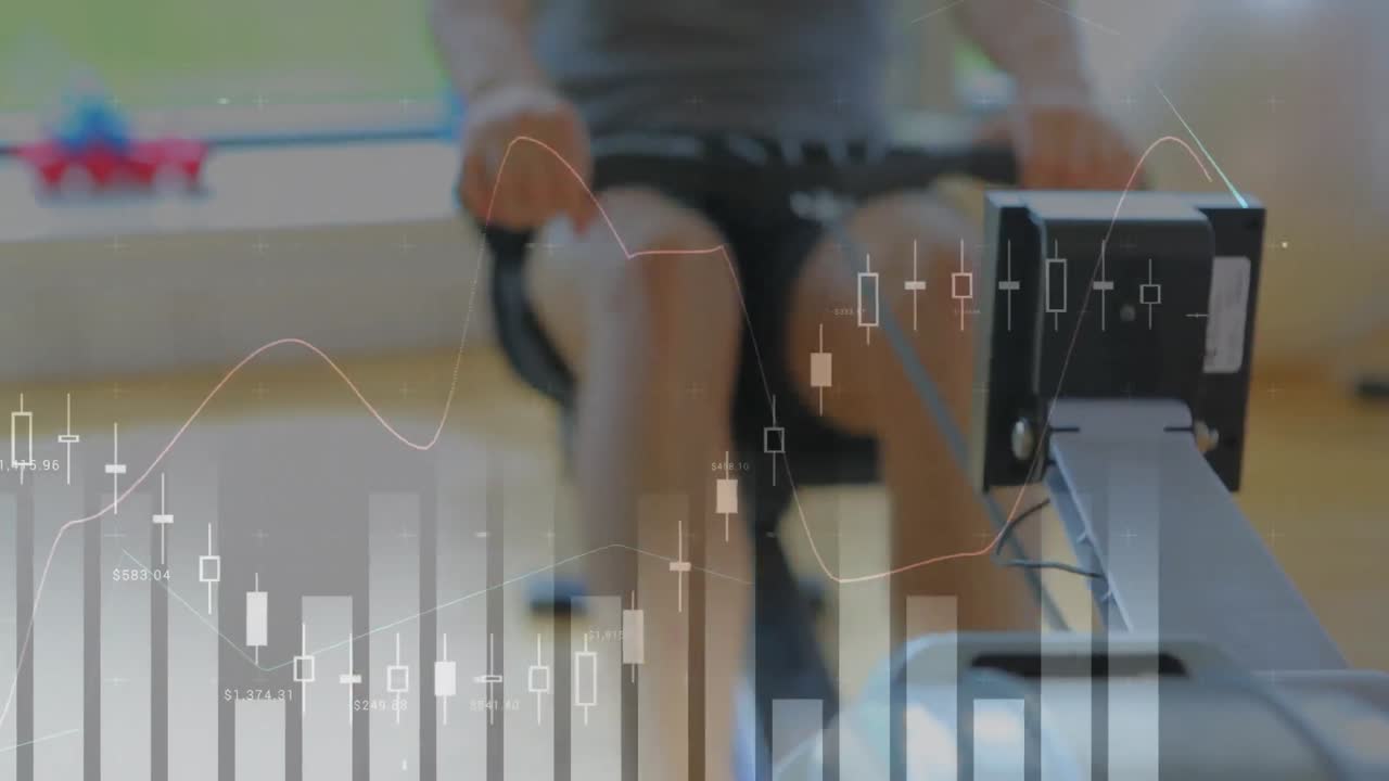 Animation of data processing over man using rowing machine