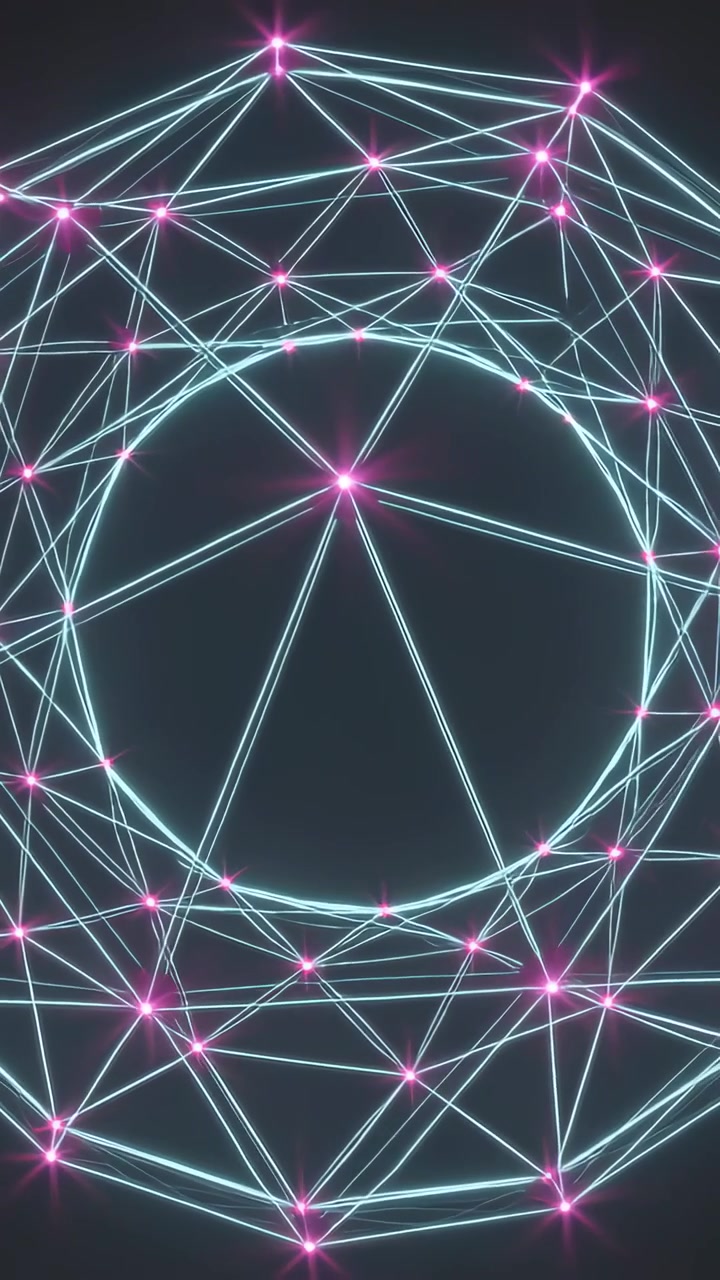 Vertical video: Pulsing magenta nodes driving cyan ring mesh rotating over center void on dark set