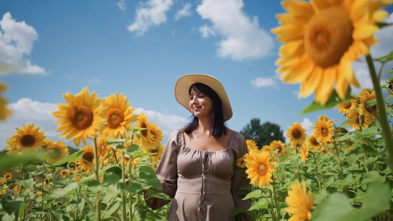 Primo piano di una donna che indossa un cappello di paglia e un vestito marrone chiaro, in piedi tra alti girasoli sotto un cielo azzurro brillante con nuvole sparse. La donna tocca delicatamente grandi fiori gialli.