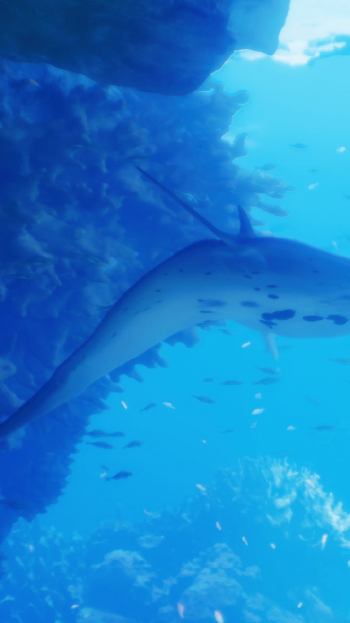 Large stingray swims near rocky formations in a clear ocean
