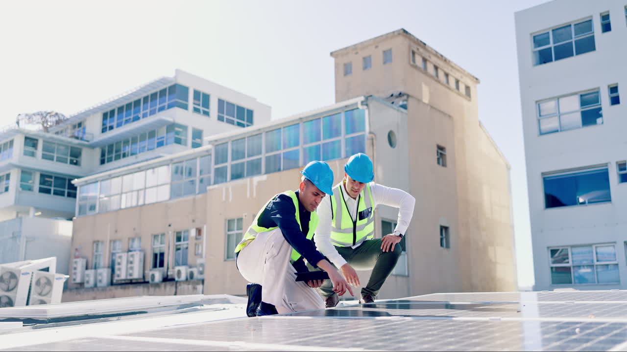 Solar energy, men and technician team with tablet