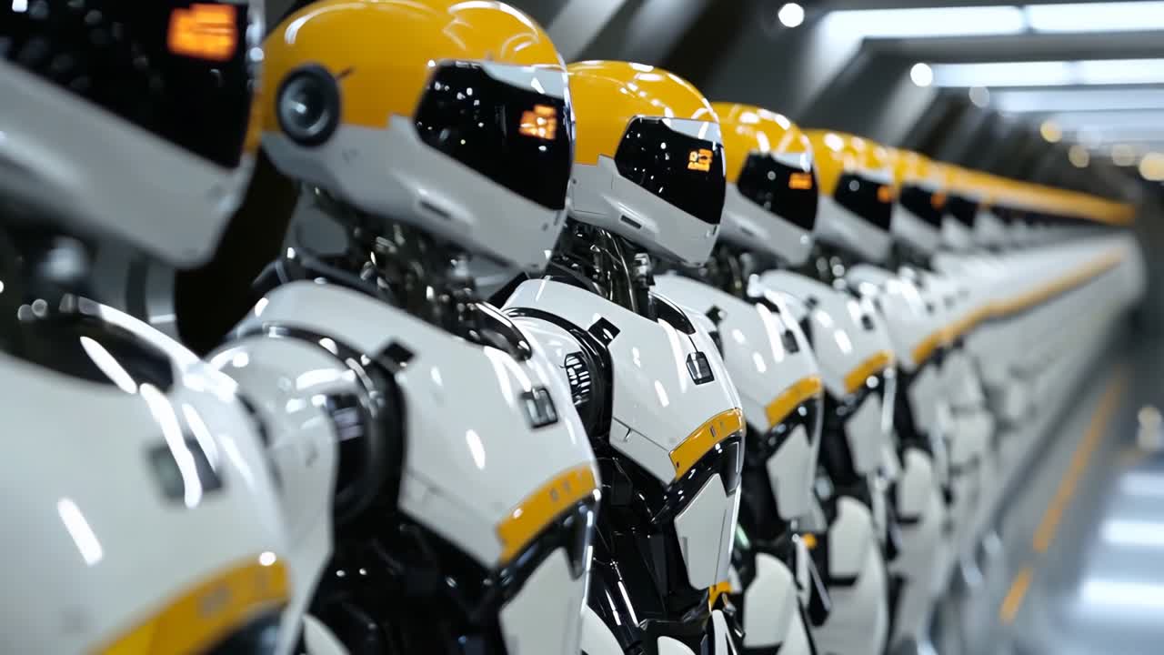 una fila de robots blancos y amarillos alineados en una fila