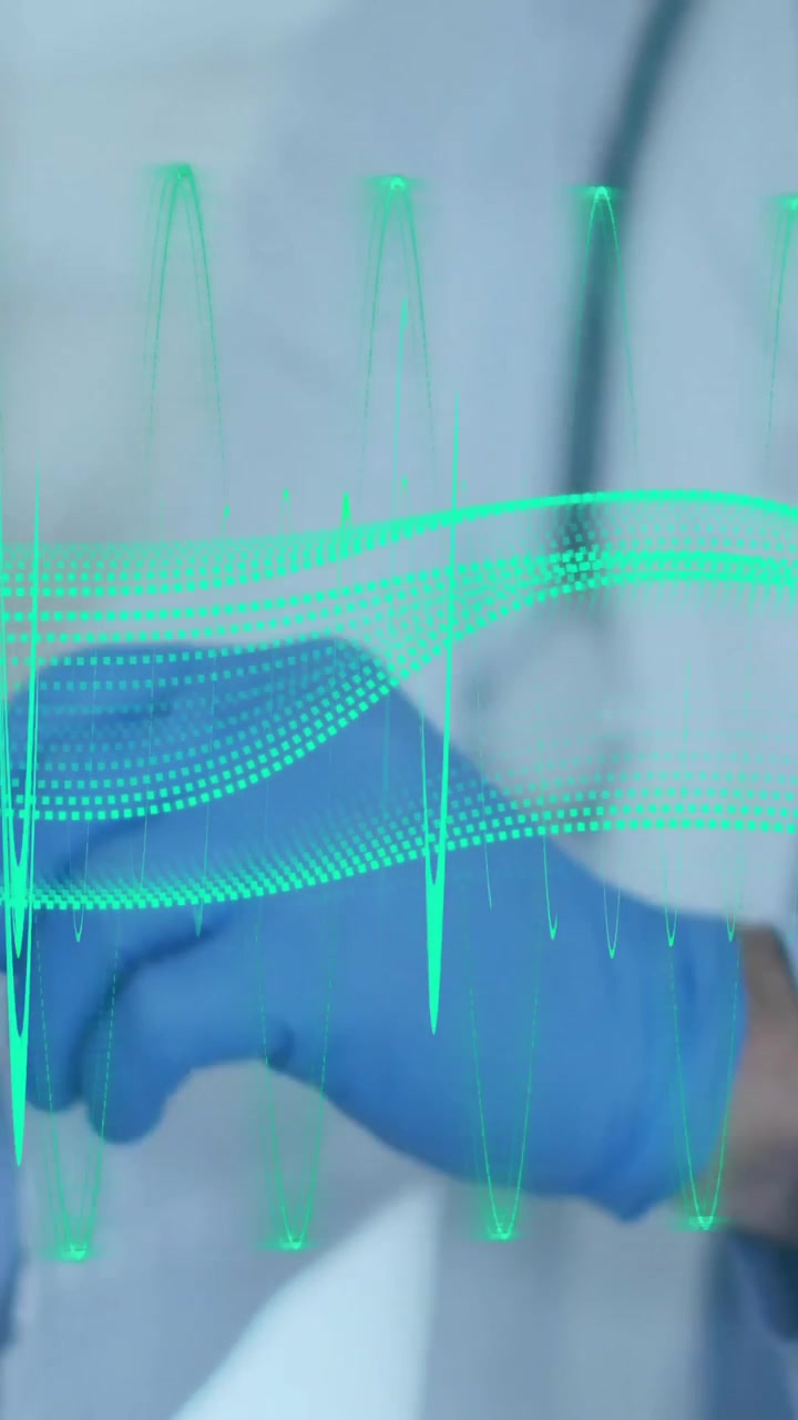Médico con guantes y animación de onda de pulso sobre las manos