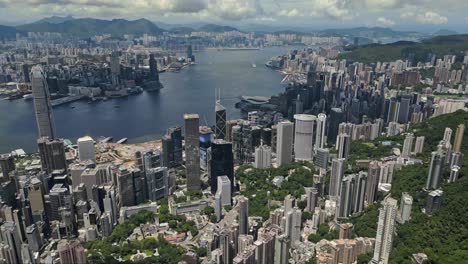 aerial of skyline of hong kong and harbour