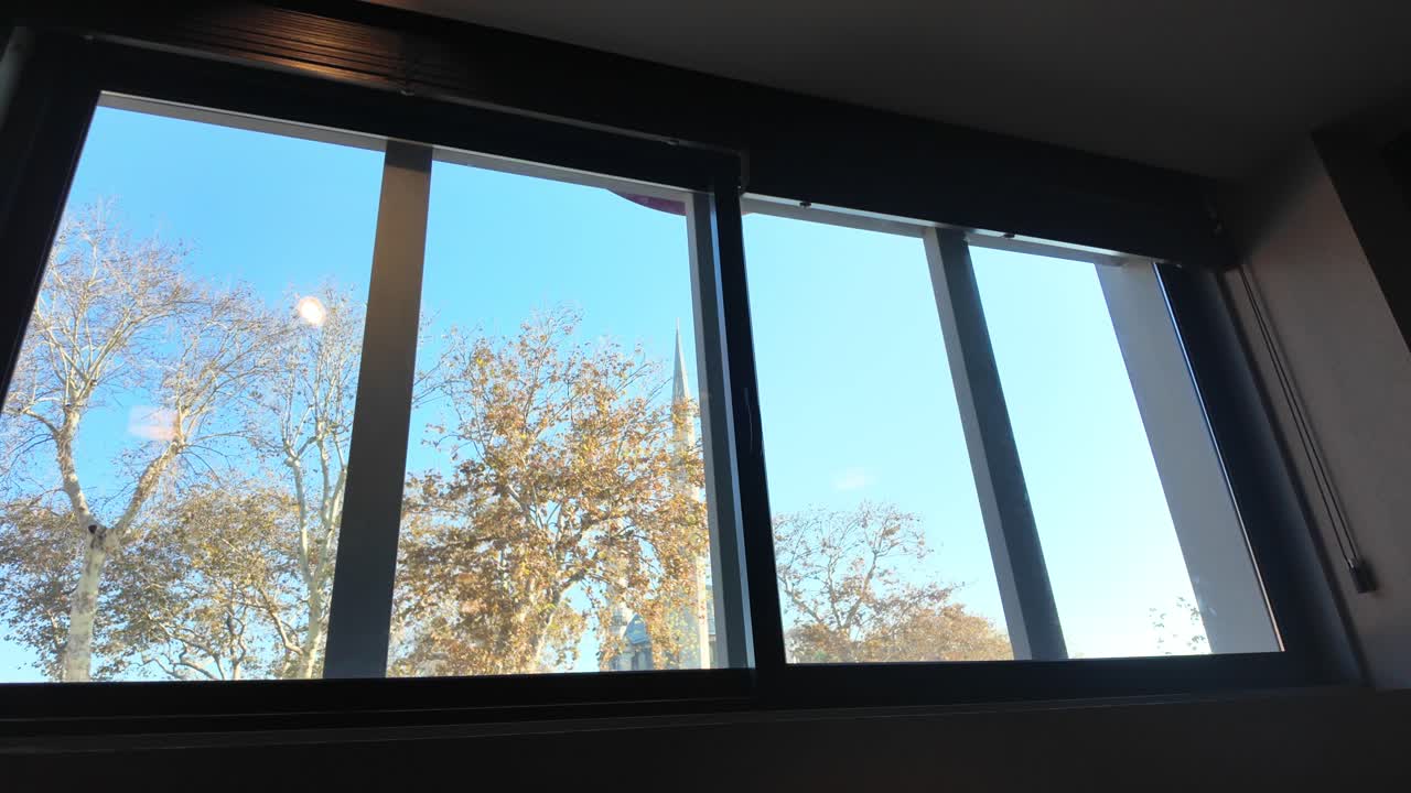 Vista interior de árboles de otoño y cielo azul claro a través de la ventana