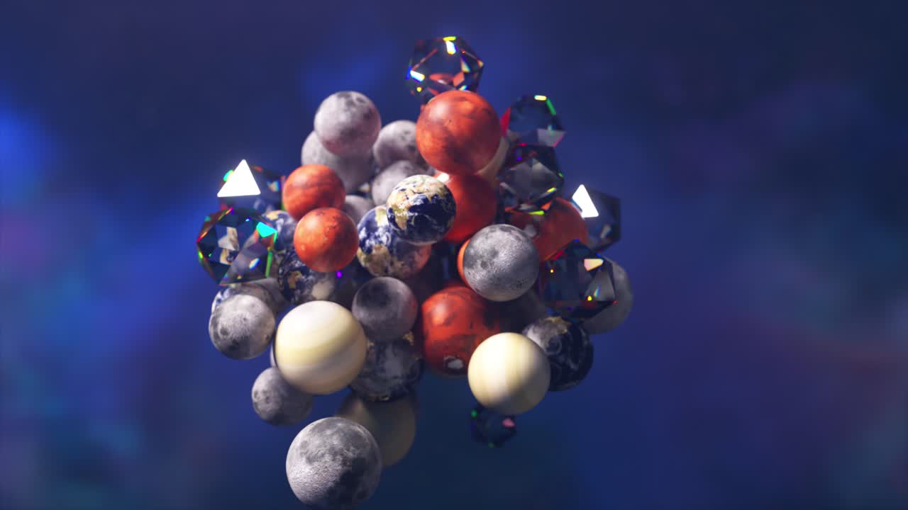 cúmulo cósmico de planetas y cristales