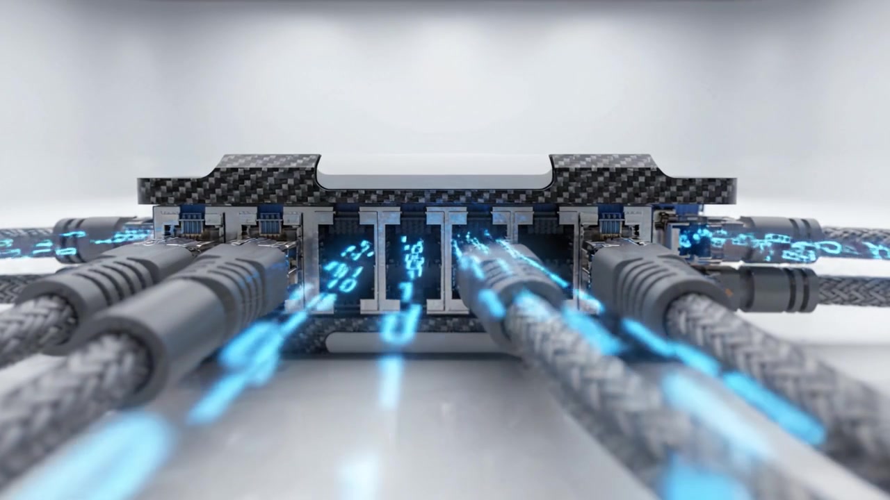 Futuristic Technology Component with Data Transmission Cables in a Minimalist Environment, Showcasing Advanced Digital Communication Capabilities