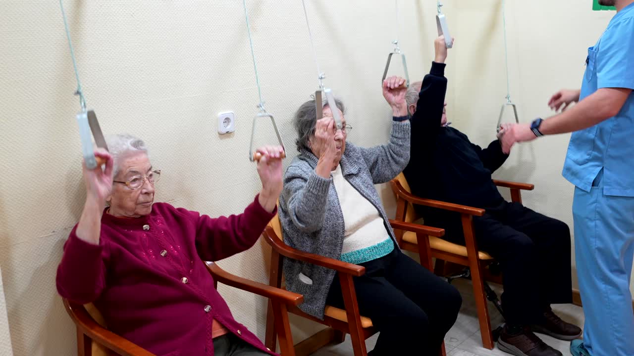 Elderly Adults Doing Physical Therapy with Assistance