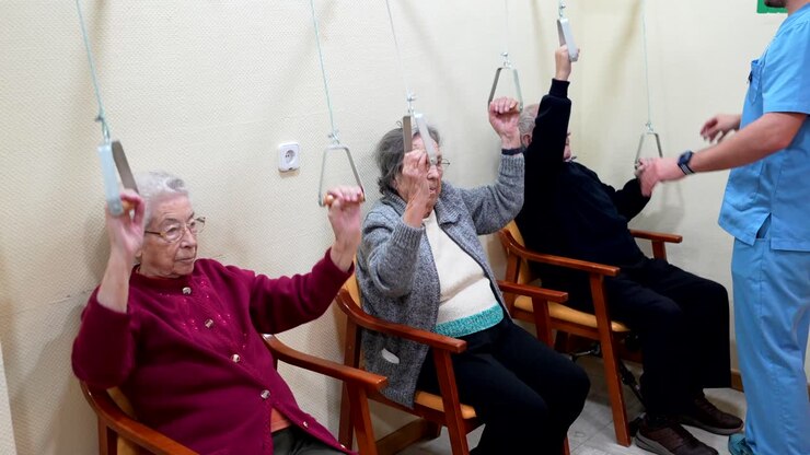 Elderly Adults Doing Physical Therapy with Assistance