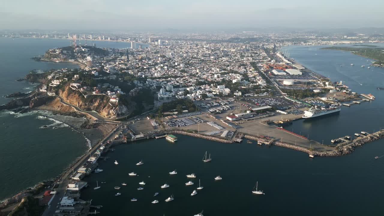 Mazatlan aerial mexico sinaloa state cityscape drone footage with marine port harbour ferry to la paz Baja California