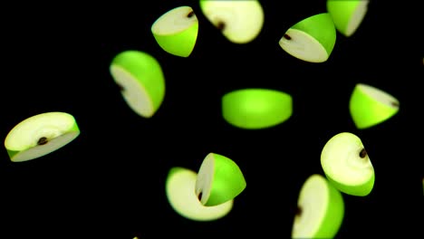 green apple segments falling on black background, seamless loop, cg