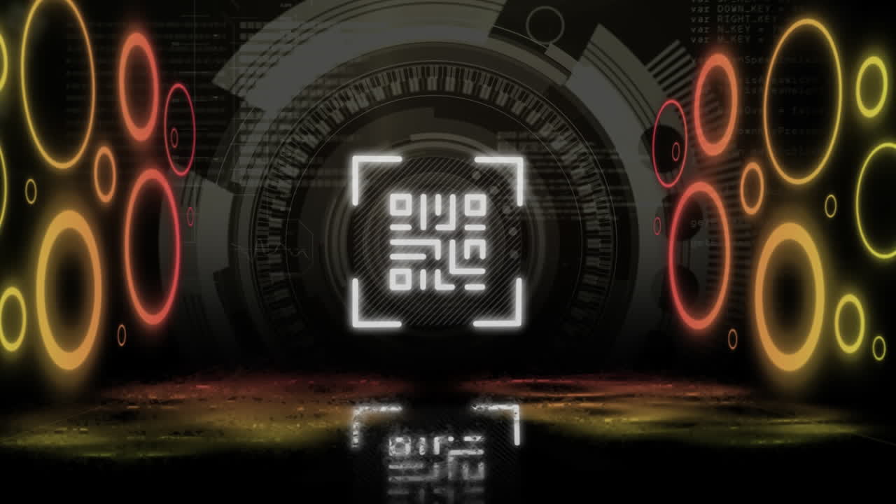 escáner de código qr con elementos de neón contra el escáner de alcance redondo