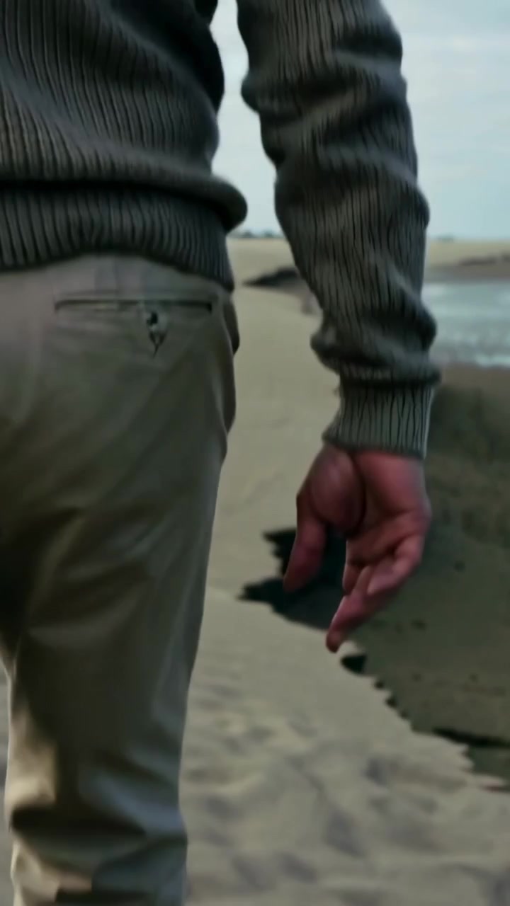Vertical video: Walking man in khakis stepping on wet beach camera pulling back revealing prints
