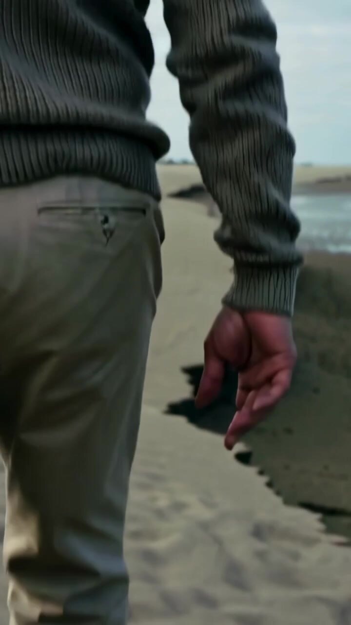 Vertical video: Walking man in khakis stepping on wet beach camera pulling back revealing prints
