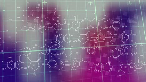 animation of chemical formulas and data over pink, violet and grey background