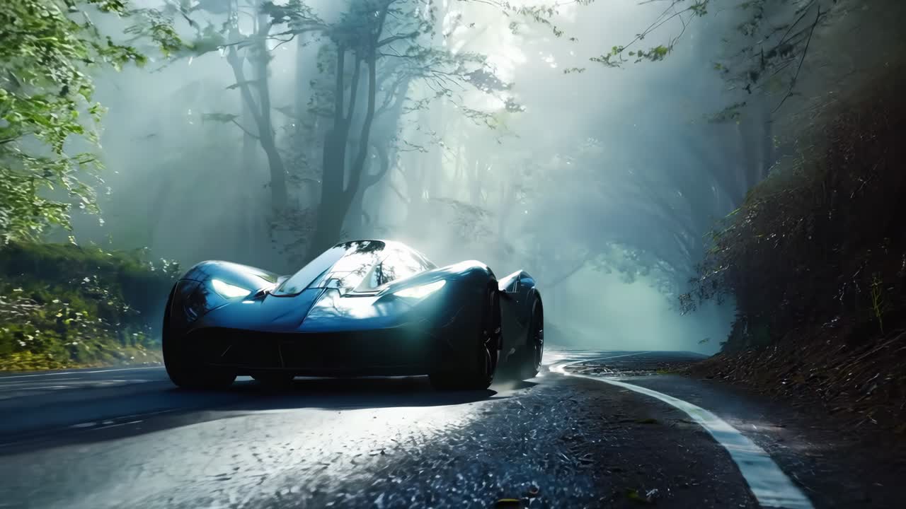 숲 한가운데의 도로를 따라 달리는 검은 차