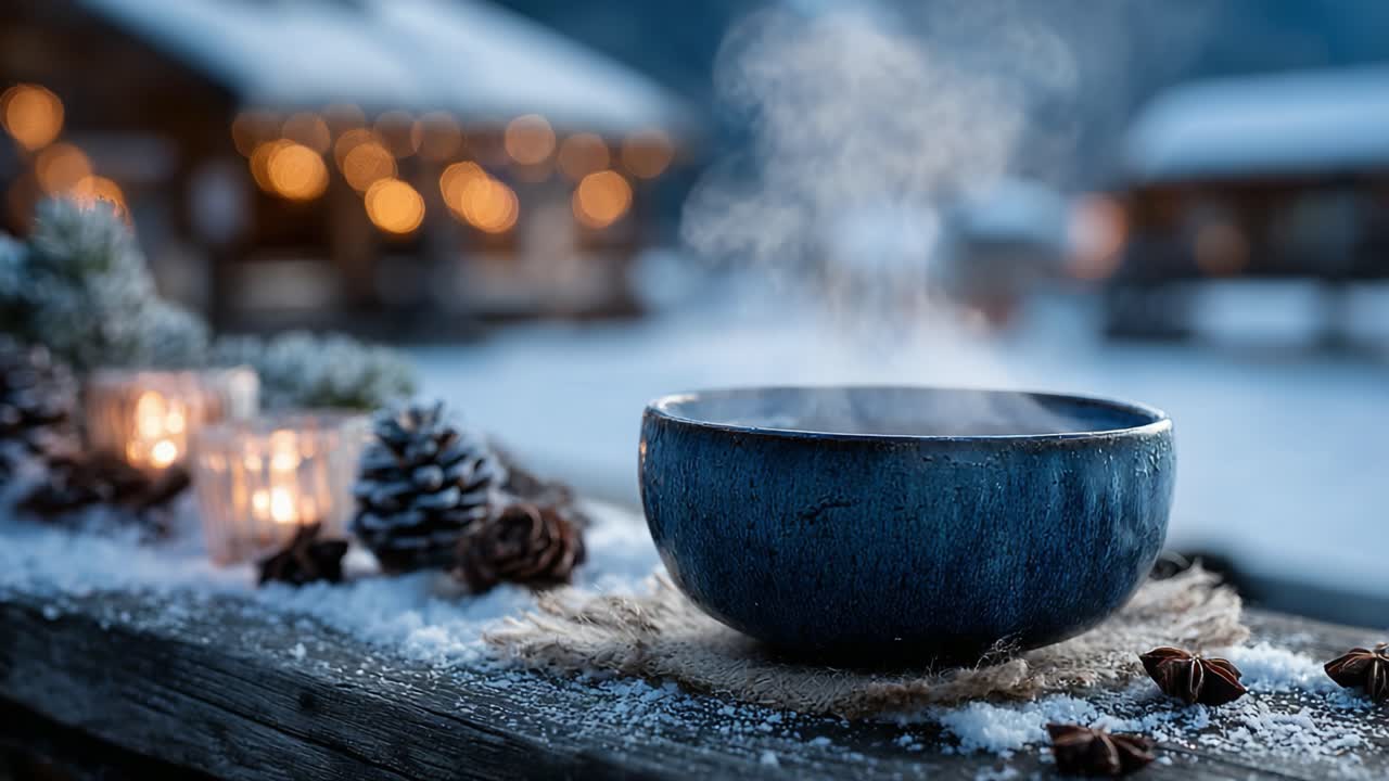 A Serene Winter Scene Featuring a Steaming Bowl Surrounded by Festive Decor, Soft Lighting, and Natural Elements, Capturing the Essence of Cozy Gatherings in a Snowy Landscape