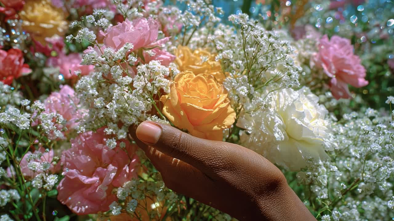 A Vibrant Display of Flowers Graced with Delicate Petals, Showcasing a Hand Reaching Towards a Lush Arrangement of Colorful Roses and White Baby's Breath