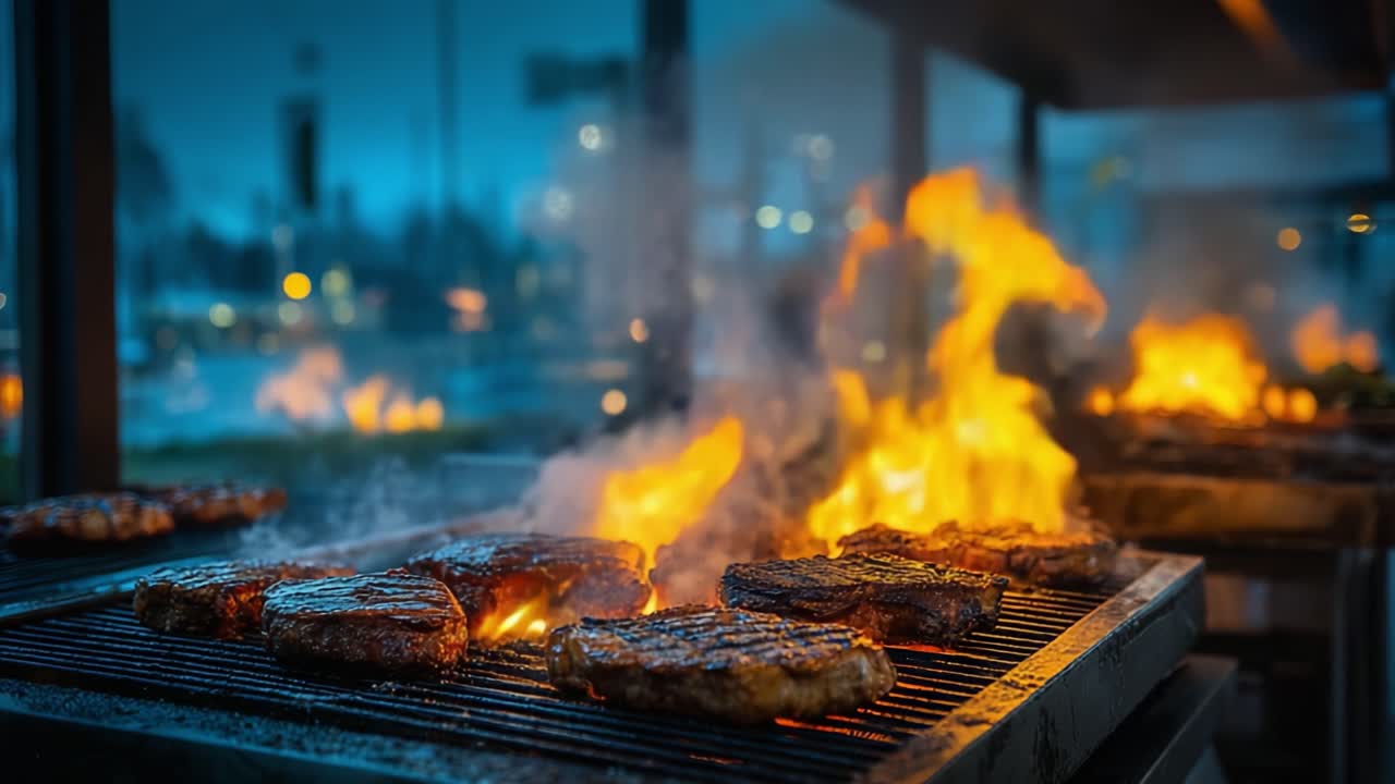 Bistecche sfrigolanti sulla griglia: catturare l'essenza di carne perfettamente grigliata circondata dalle fiamme in una maestosa atmosfera da barbecue serale.