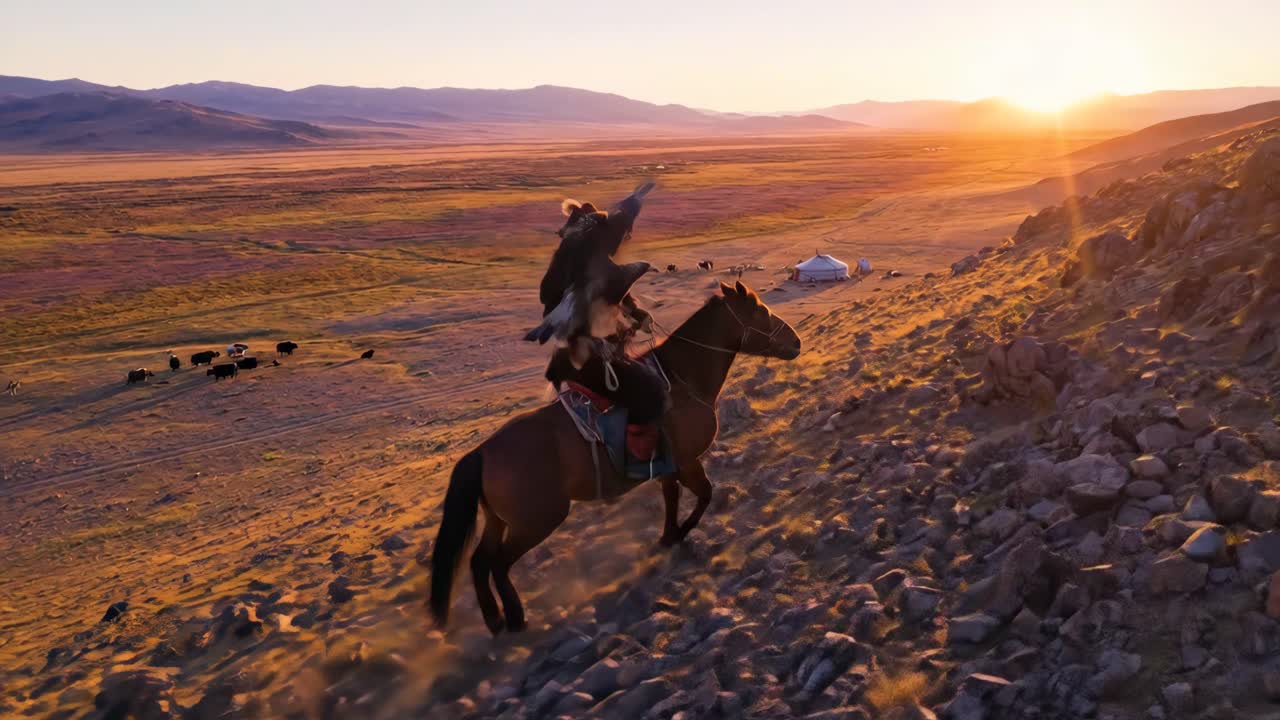 Eagle Hunter on Horseback with Golden Eagle at Sunset in Mongolian Steppe