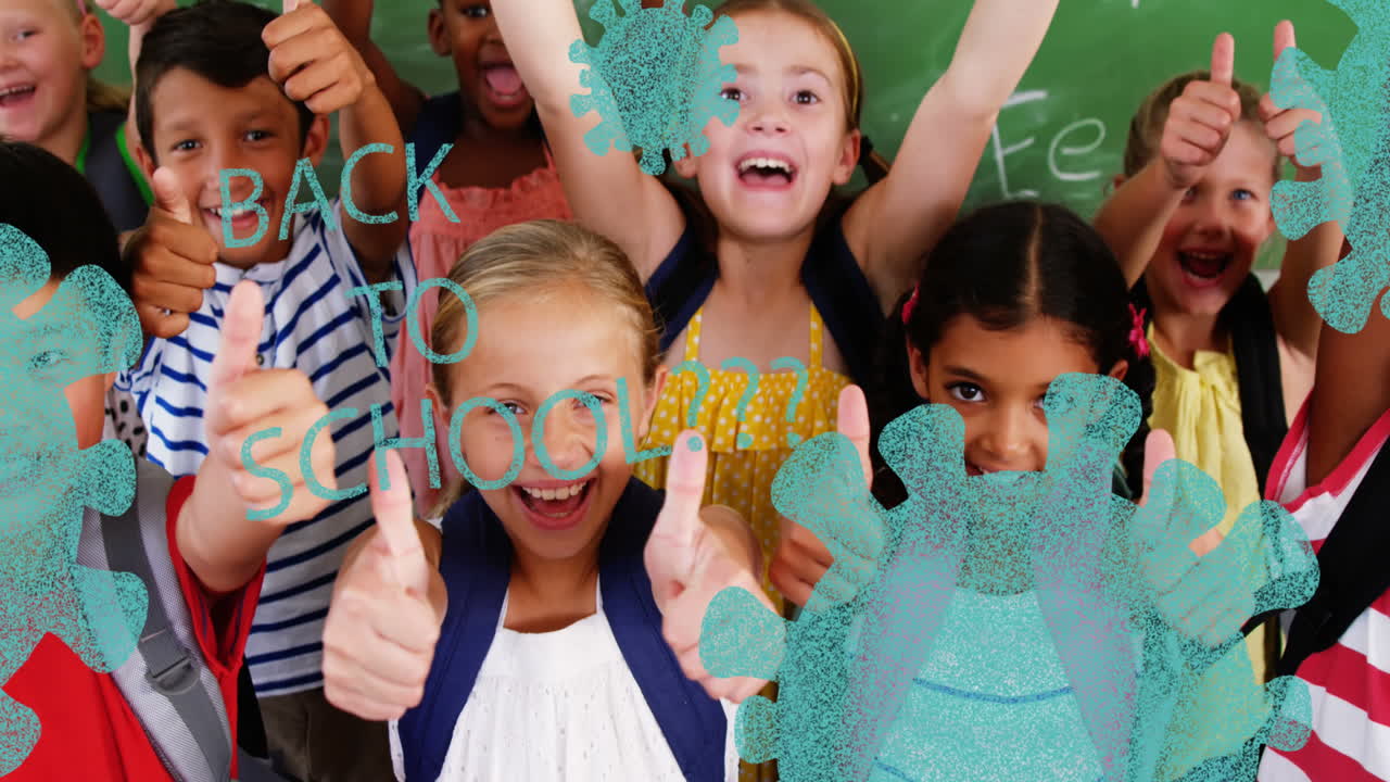 Back to school text and Covid-19 cell icons against group of kids showing thumbs up