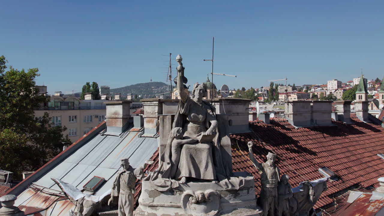 Aerial view of SPKD “Prosvjeta” balcony in Sarajevo with panoramic view of Sarajevo's roof tops and Serbian Orthodox church in Sarajevo