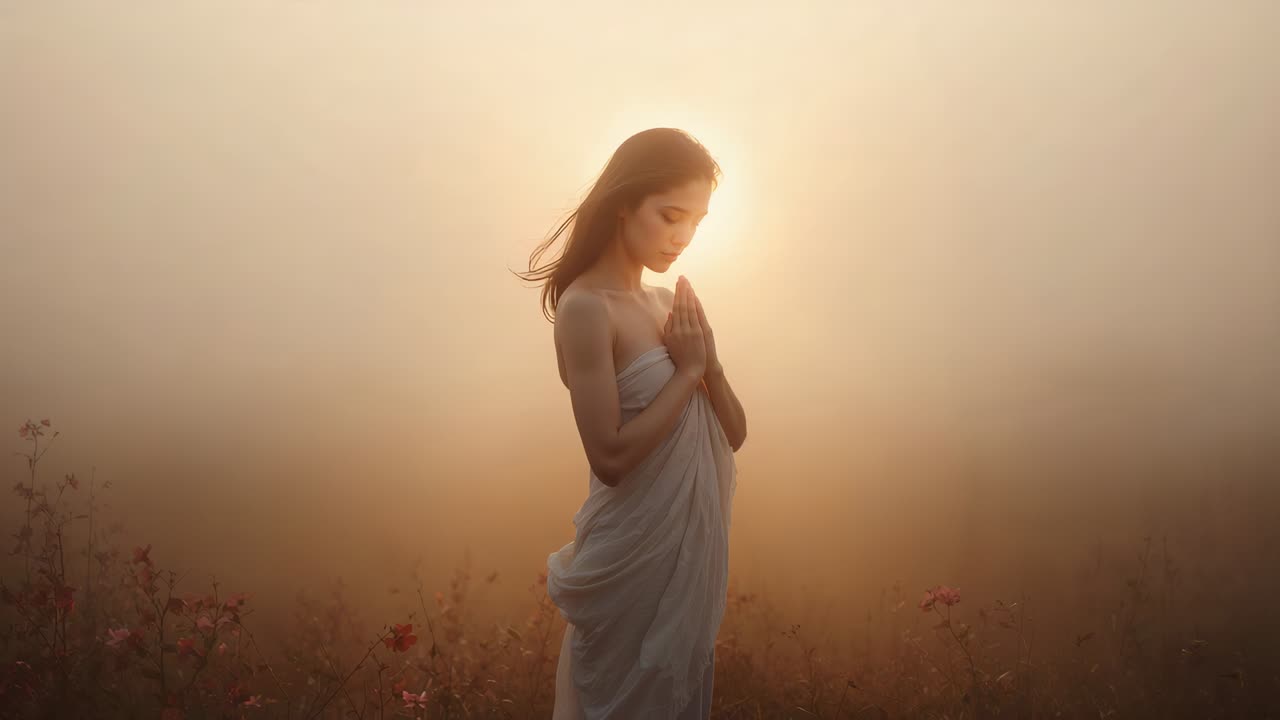 Donna in piedi che prega, mani giunte al petto in un prato nebbioso, brezza che sposta la veste, aureola solare