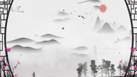 Fantasy-bright-ambience-Ink-landscape-artistic-conception-of-beautiful-morning-sky,-mountains,-flowers,-lake,-ancient-house-with-simple-animation-in-Japanese-Chinese-anime-watercolour-style