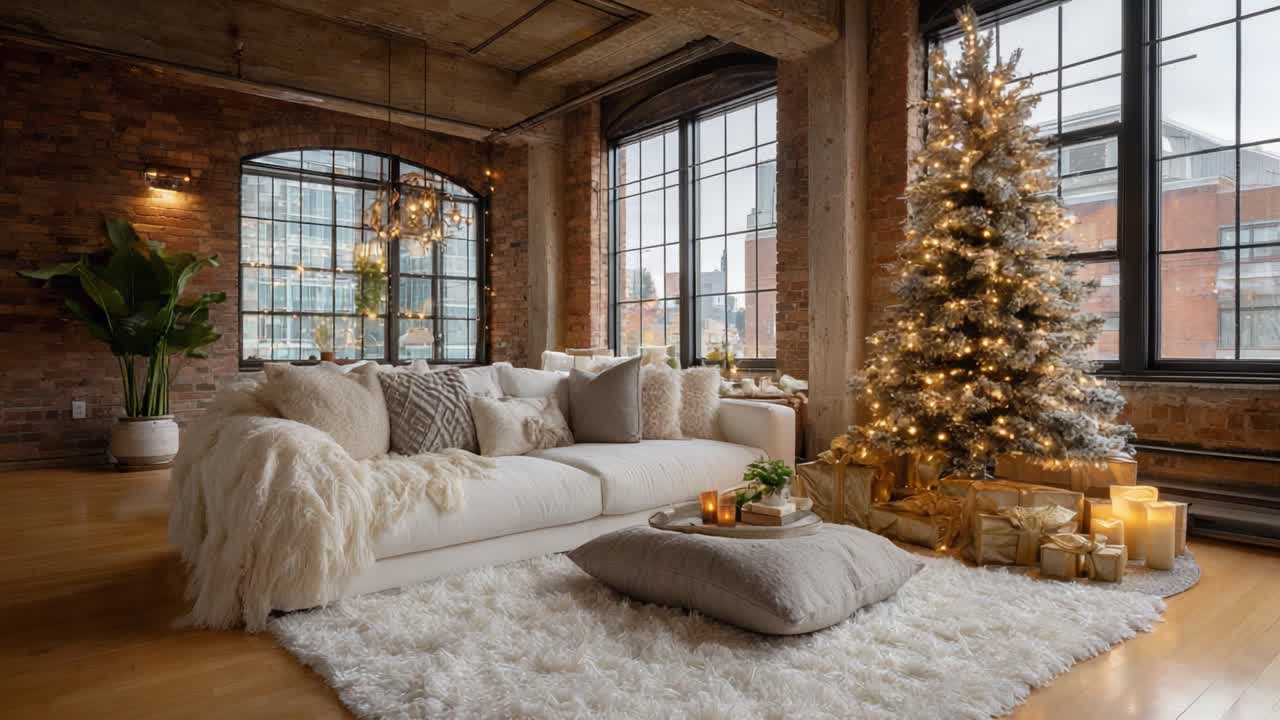 Cozy and Inviting Christmas Living Room Decor Featuring a Beautifully Adorned Tree and Contemporary Furnishings for a Warm Holiday Atmosphere
