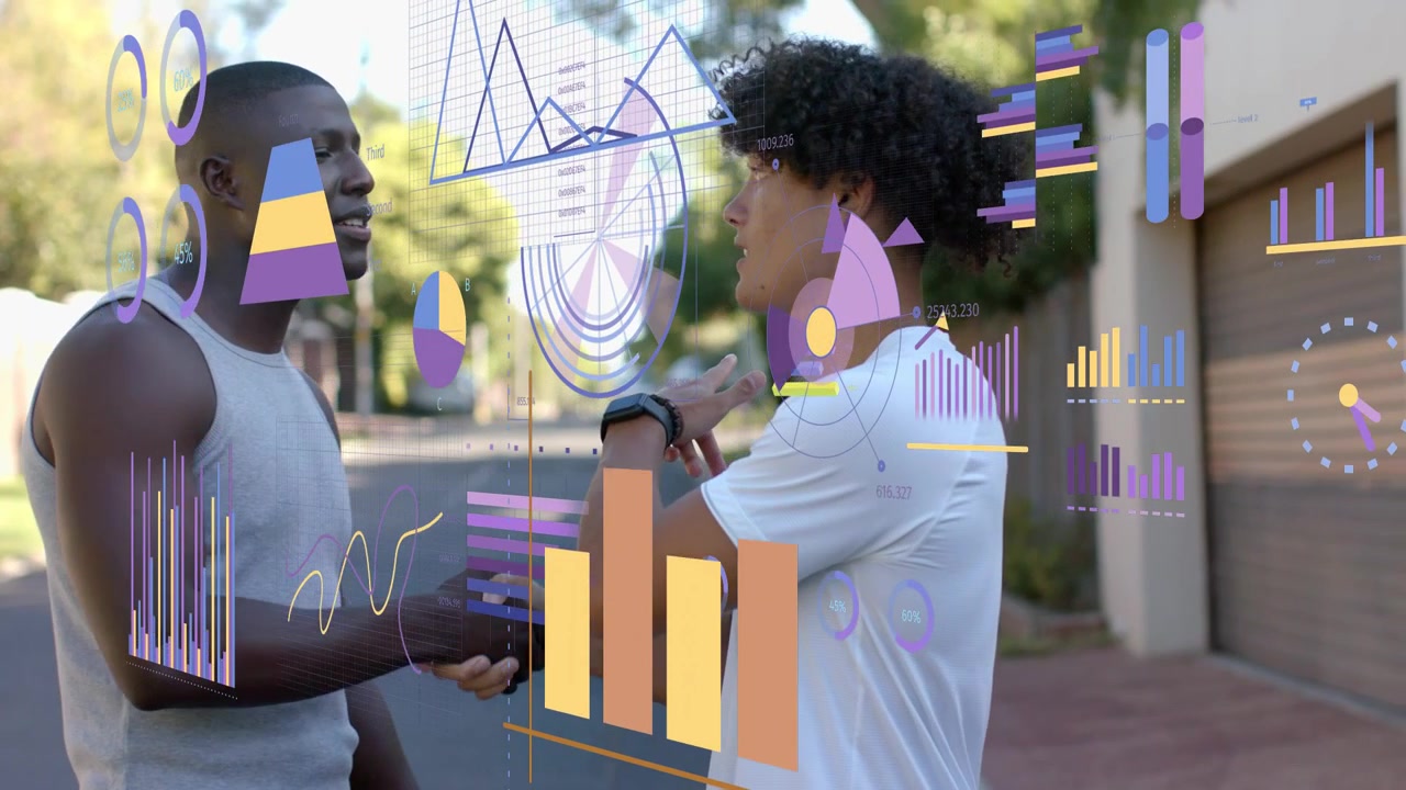 Two men greeting on street handshake starting firm grip and shoulder pulling data charts overlaying