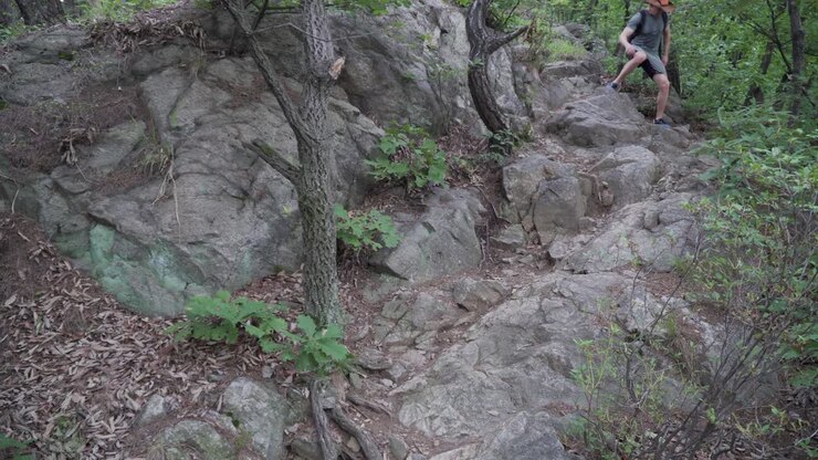 Male Hiker Walking Down A Rocky Mountain With Narrow Path - Medium Shot