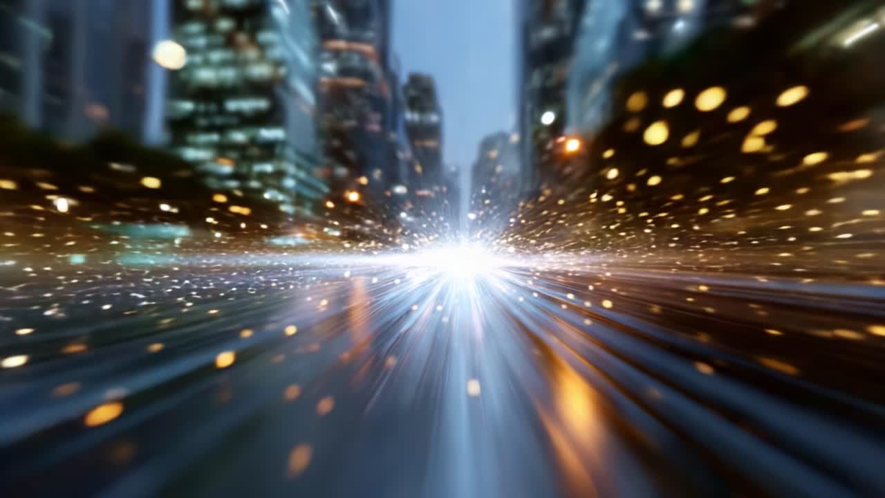 Paesaggio notturno dinamico: un viaggio urbano sfocato tra luci vivaci e particelle luminose in una scena in rapido movimento che cattura l'essenza della vita cittadina