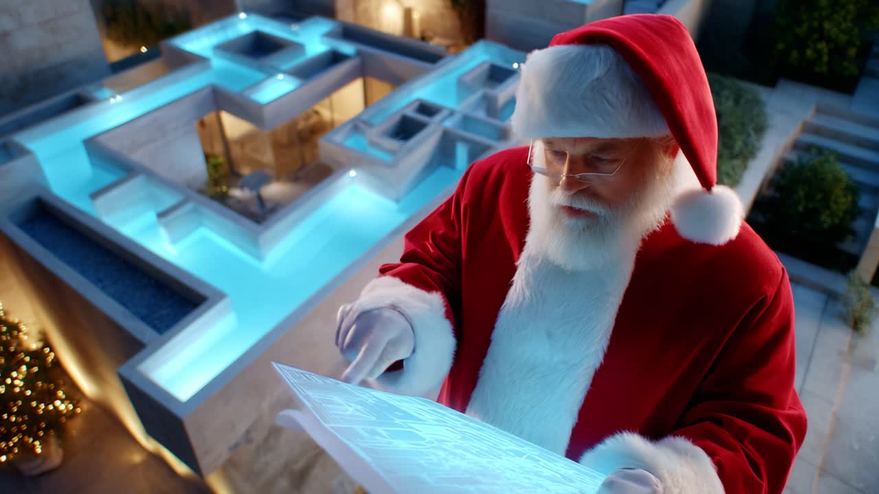 Santa Claus Examines His Gift Delivery Plan by a Beautiful Poolside Setting, Ensuring Every Child Receives Their Presents on Christmas Night with Care and Precision