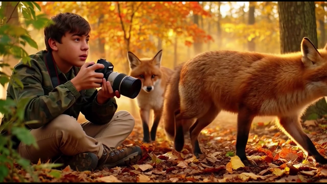 Young Photographer Capturing Red Foxes in an Autumn Forest