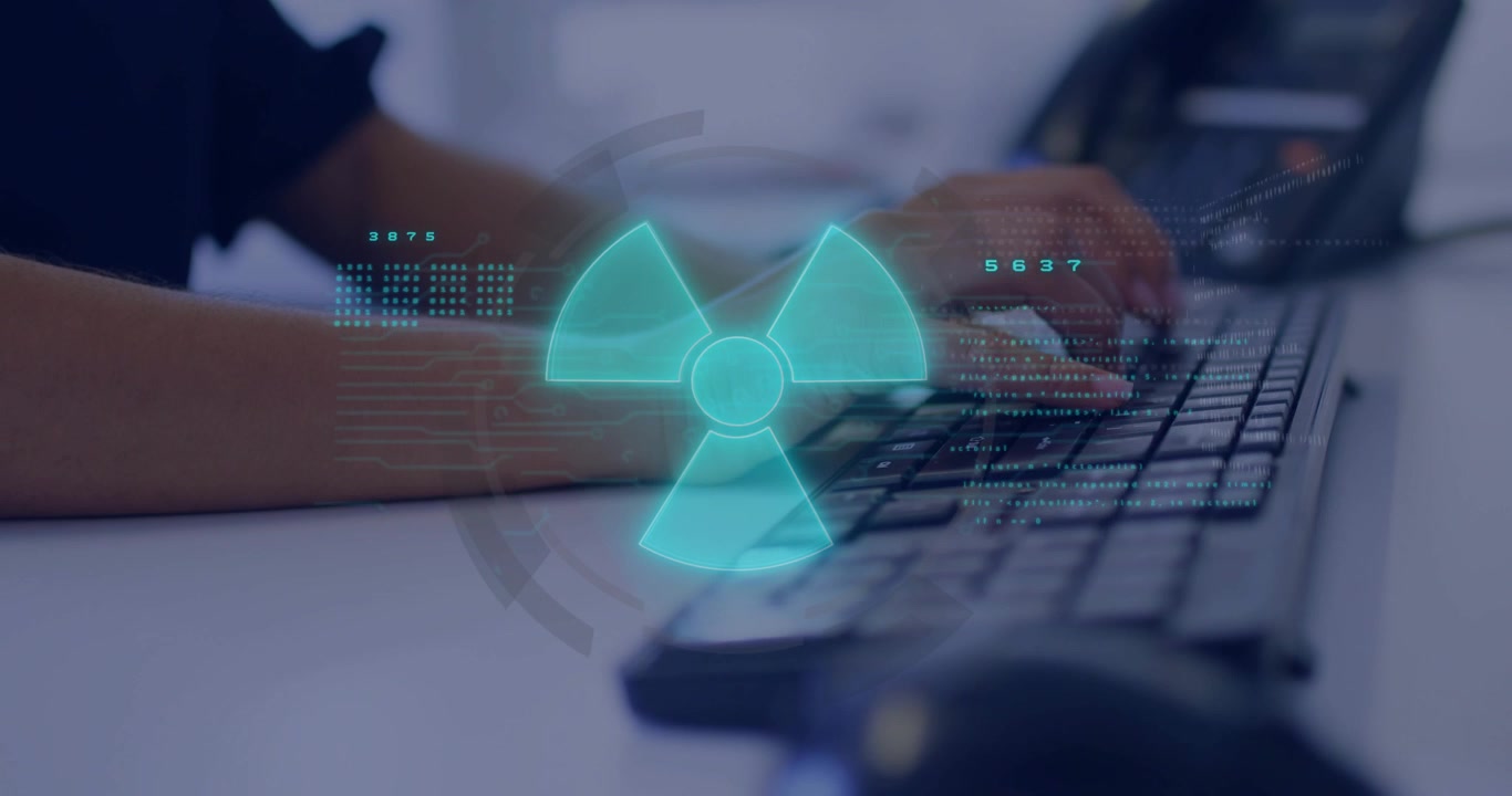 cybersecurity analyst typing keyboard keys, activating pulsing hazard icon monitoring data streams