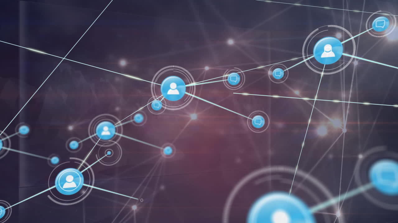 animación de una red de iconos digitales contra un fondo gris