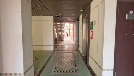 progression through a symmetrically tiled hallway