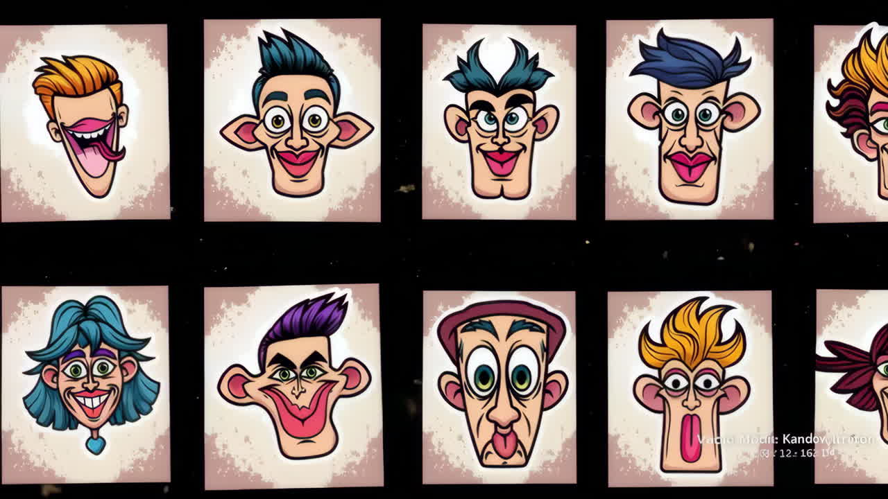 Grid of Stylized Cartoon Faces with Exaggerated Features